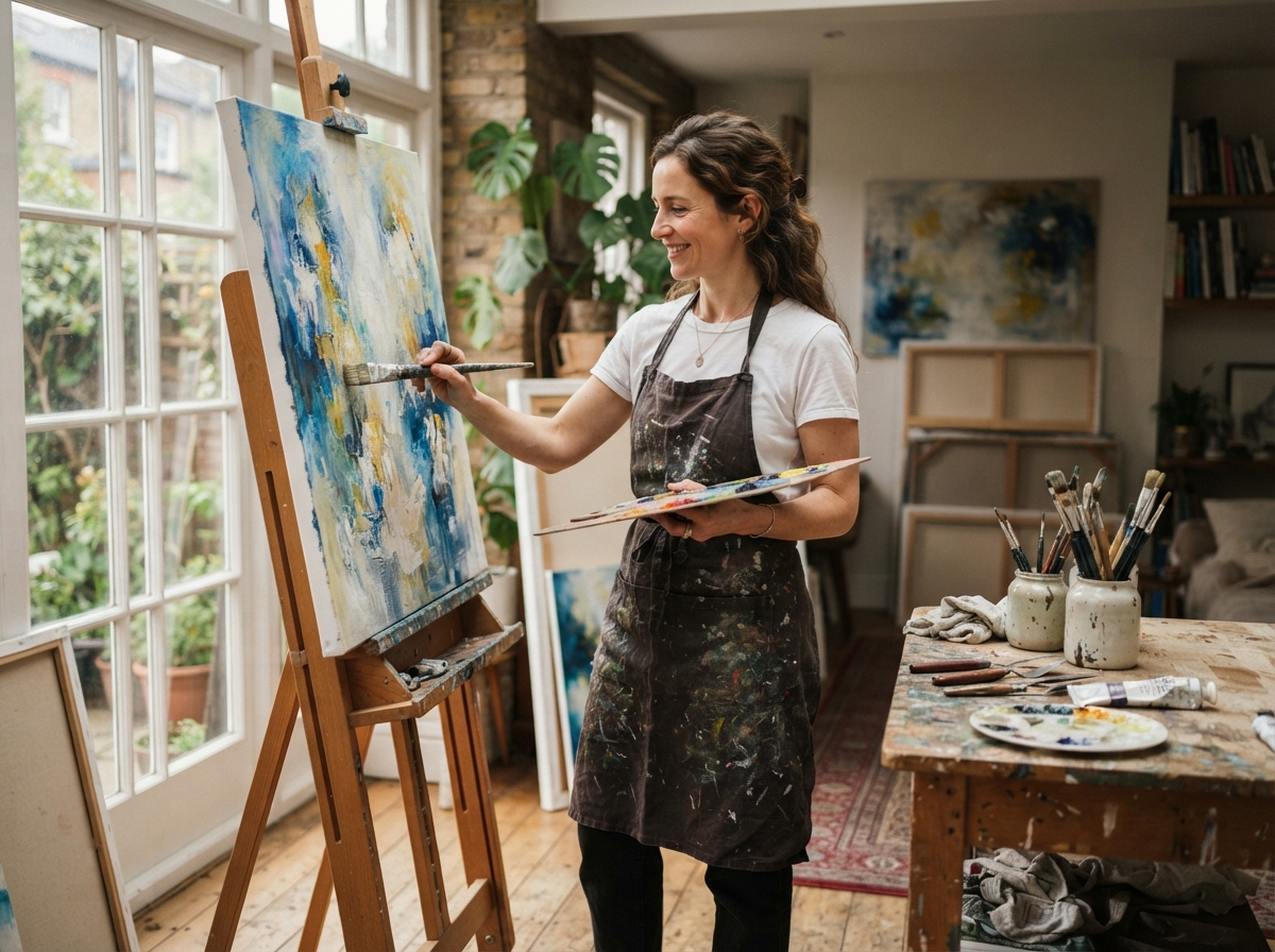 The artist at work in a sunlit studio