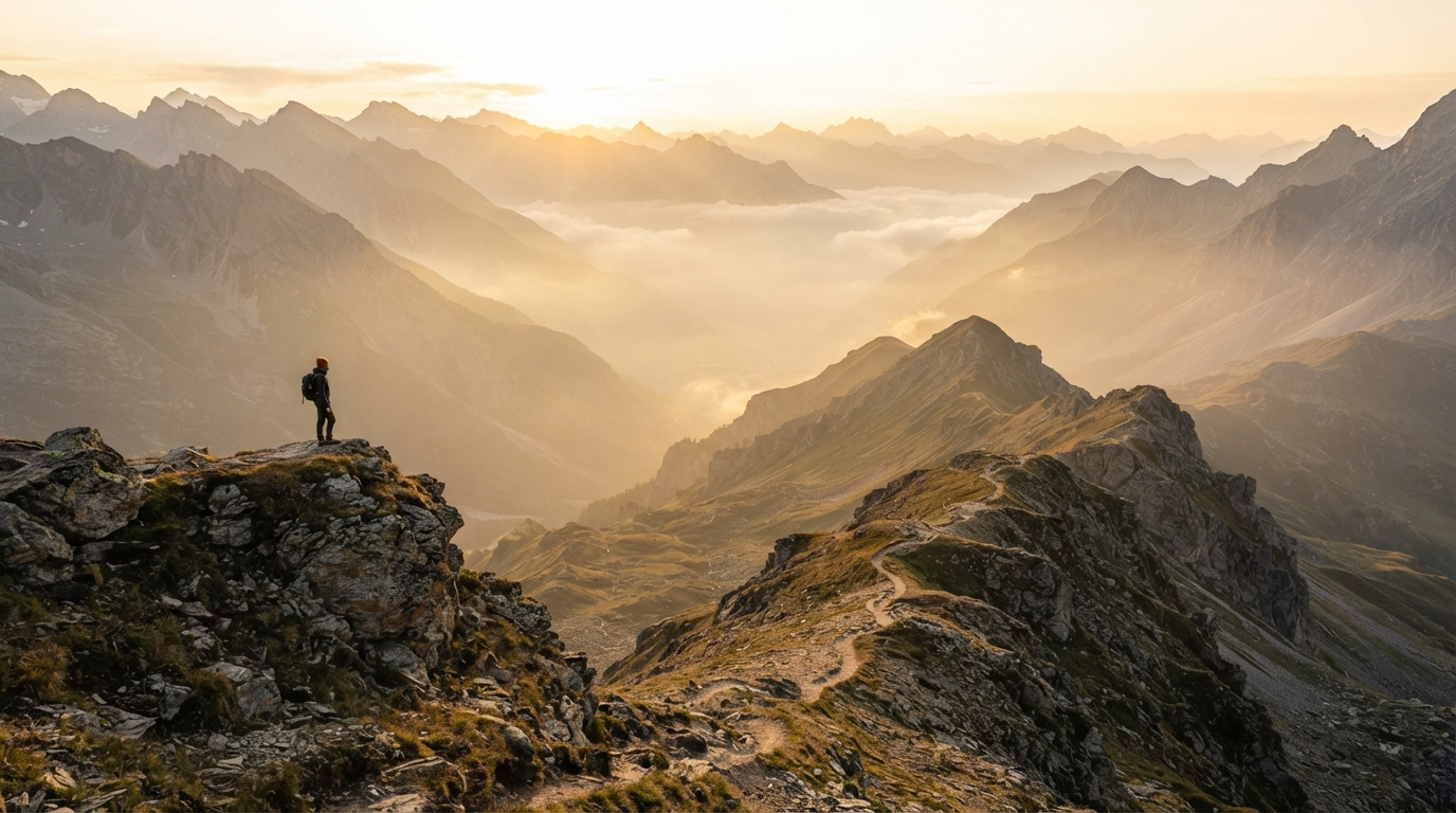 A lone traveller at a mountain overlook at sunrise