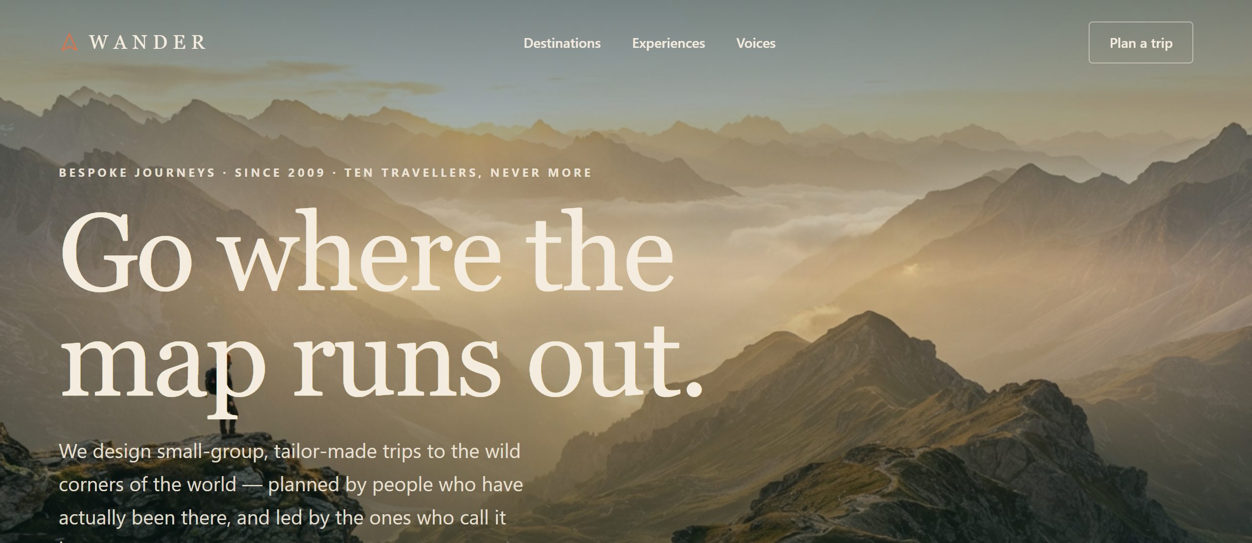 Wander working travel website template — open example in a new tab