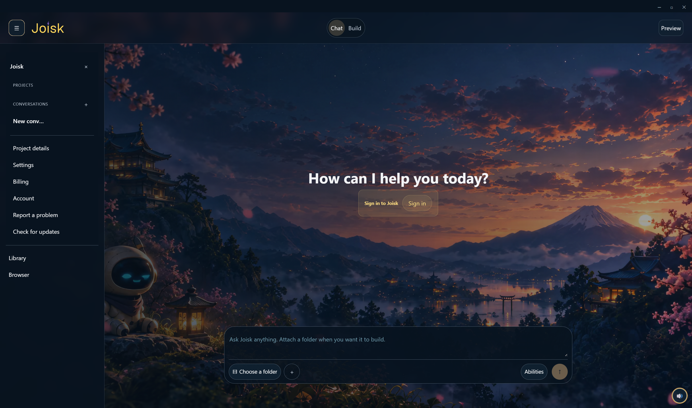 Joisk Desktop Windows beta: conversation, folder chooser, and preview